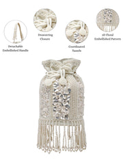 Anekaant Dewdrop Fringe Ivory Pearl White 3D Floral Embellished Potli