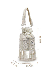 Anekaant Dewdrop Fringe Ivory Pearl White 3D Floral Embellished Potli