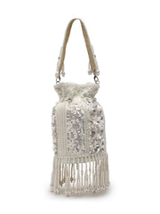 Anekaant Dewdrop Fringe Ivory Pearl White 3D Floral Embellished Potli