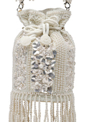 Anekaant Dewdrop Fringe Ivory Pearl White 3D Floral Embellished Potli