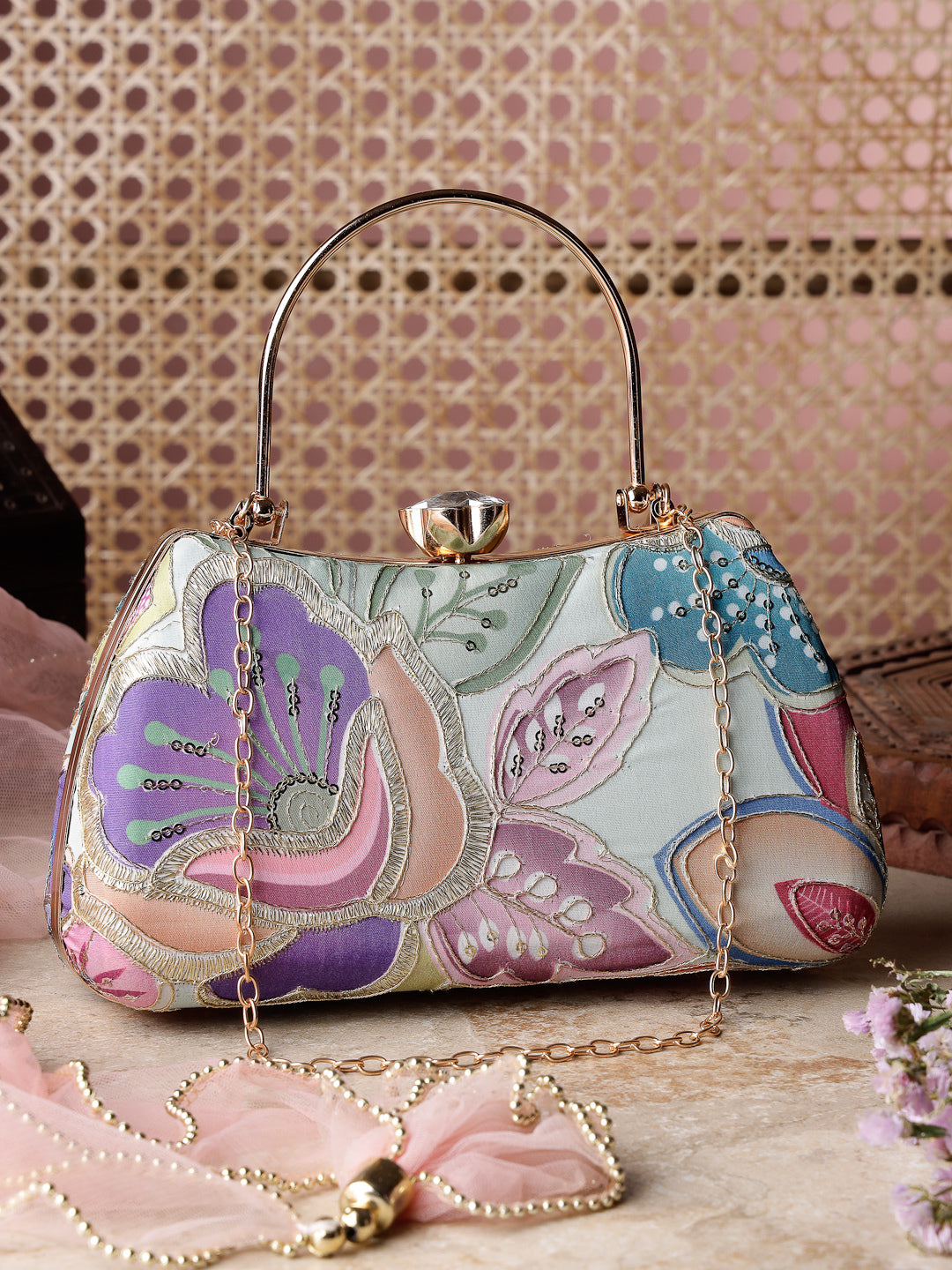 Anekaant Woven Reverie Mint Green Multi Abstract Floral Embroidered Clutch