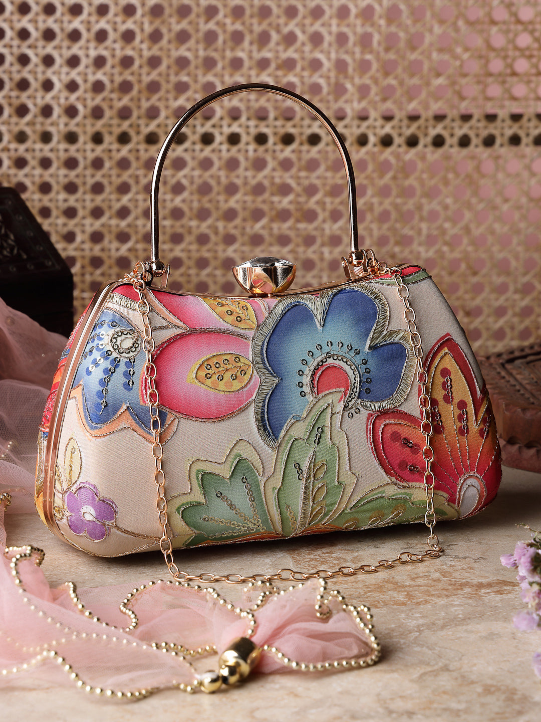Anekaant Woven Reverie Beige Multi Abstract Floral Embroidered Clutch