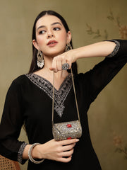 Jharokha Antique Gold & Red Kundan Embellished Metal Clutch