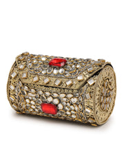 Jharokha Antique Gold & Red Kundan Embellished Metal Clutch