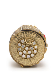 Jharokha Antique Gold & Red Kundan Embellished Metal Clutch