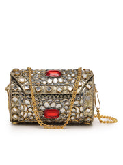 Jharokha Antique Gold & Red Kundan Embellished Metal Clutch