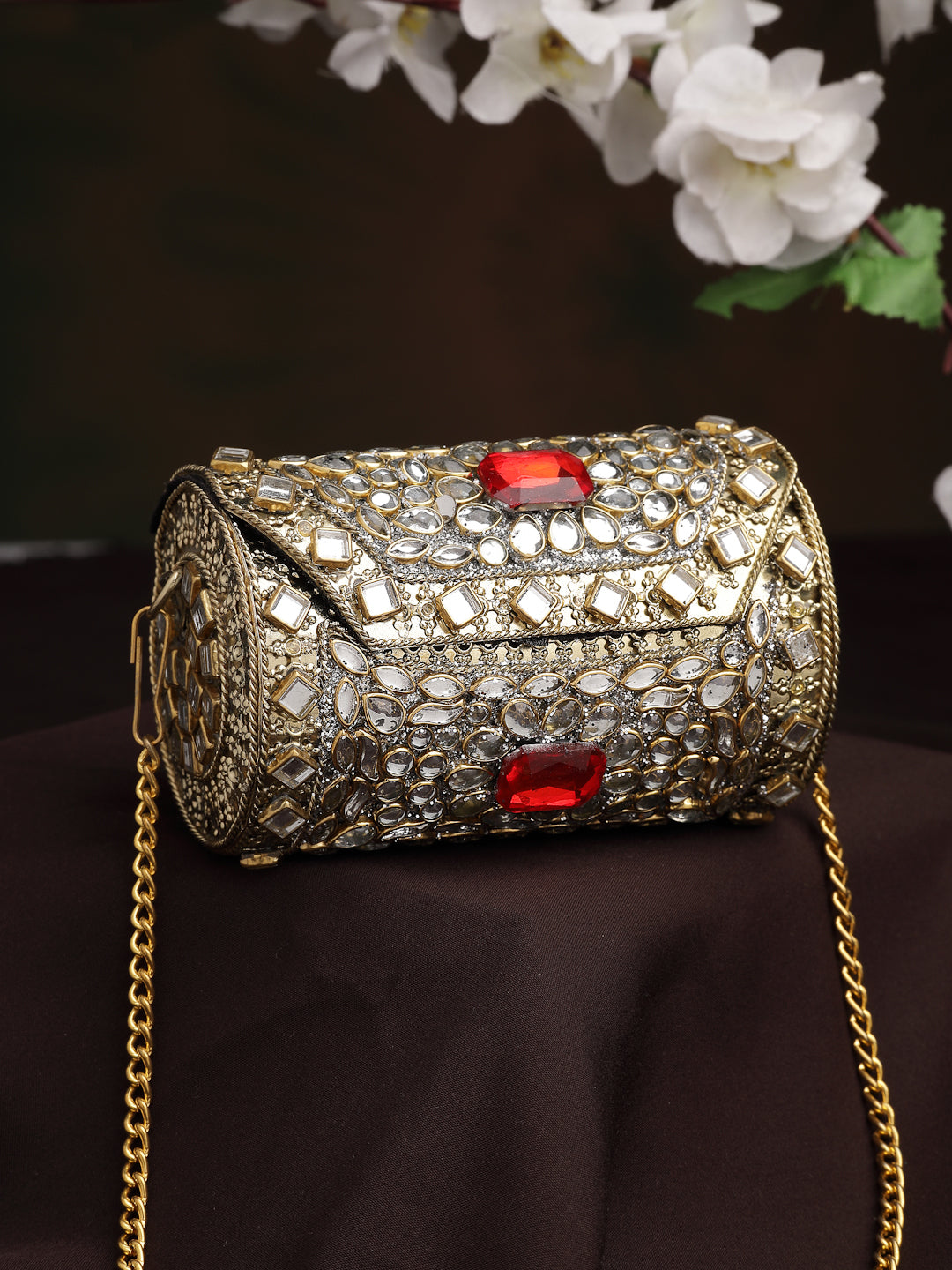 Jharokha Antique Gold & Red Kundan Embellished Metal Clutch