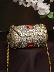 Jharokha Antique Gold & Red Kundan Embellished Metal Clutch