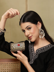 Jharokha Antique Gold & Red Kundan Embellished Metal Clutch