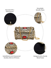 Jharokha Antique Gold & Red Kundan Embellished Metal Clutch