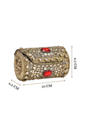 Jharokha Antique Gold & Red Kundan Embellished Metal Clutch