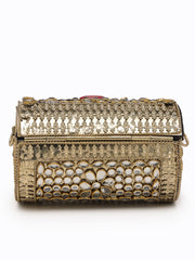 Jharokha Antique Gold & Red Kundan Embellished Metal Clutch