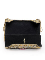 Jharokha Antique Gold & Red Kundan Embellished Metal Clutch