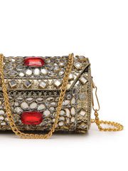 Jharokha Antique Gold & Red Kundan Embellished Metal Clutch