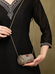 Jharokha Antique Gold & Red Kundan Embellished Metal Clutch
