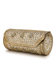 Jharokha Antique Gold & Ivory Floral Kundan Embellished Metal Clutch