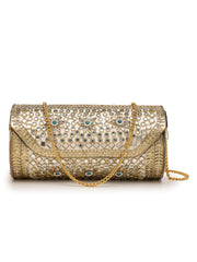 Jharokha Antique Gold & Ivory Floral Kundan Embellished Metal Clutch