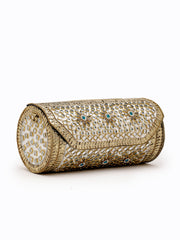 Jharokha Antique Gold & Ivory Floral Kundan Embellished Metal Clutch