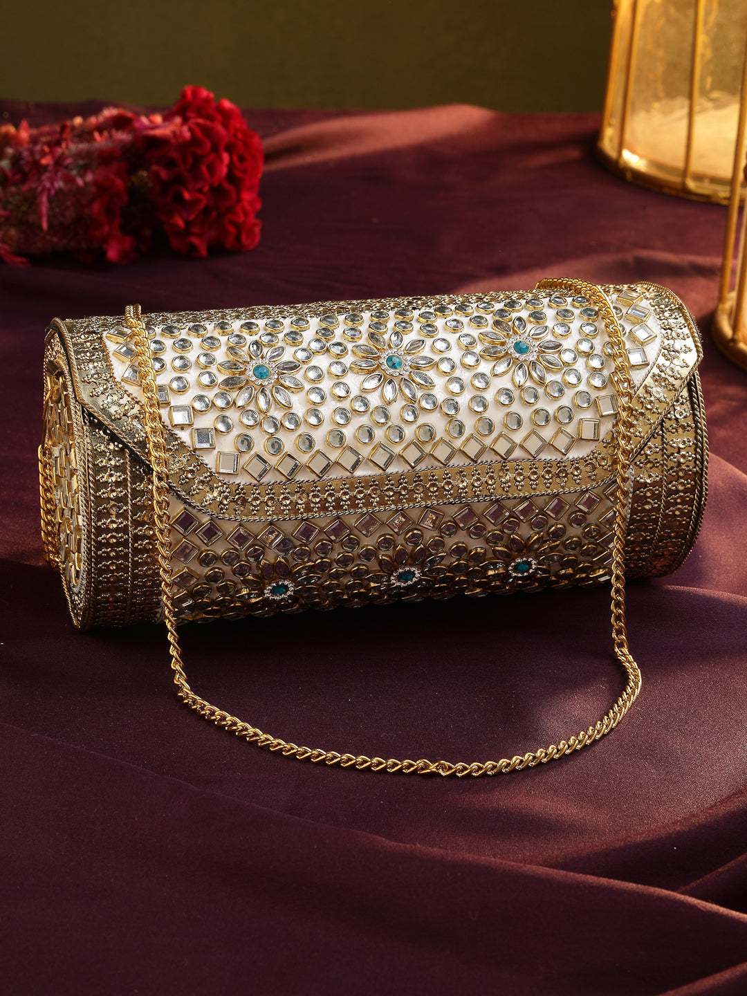 Jharokha Antique Gold & Ivory Floral Kundan Embellished Metal Clutch
