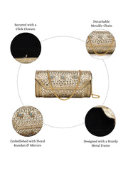 Jharokha Antique Gold & Ivory Floral Kundan Embellished Metal Clutch