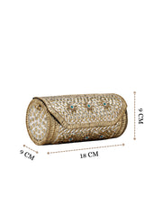 Jharokha Antique Gold & Ivory Floral Kundan Embellished Metal Clutch