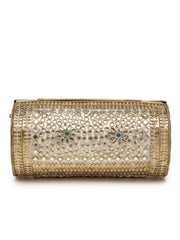 Jharokha Antique Gold & Ivory Floral Kundan Embellished Metal Clutch