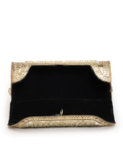 Jharokha Antique Gold & Ivory Floral Kundan Embellished Metal Clutch