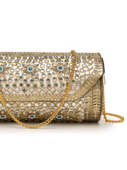 Jharokha Antique Gold & Ivory Floral Kundan Embellished Metal Clutch