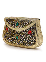 Jharokha Gold & Black Kundan Embellished Metal Clutch