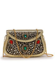 Jharokha Gold & Black Kundan Embellished Metal Clutch