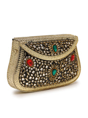 Jharokha Gold & Black Kundan Embellished Metal Clutch
