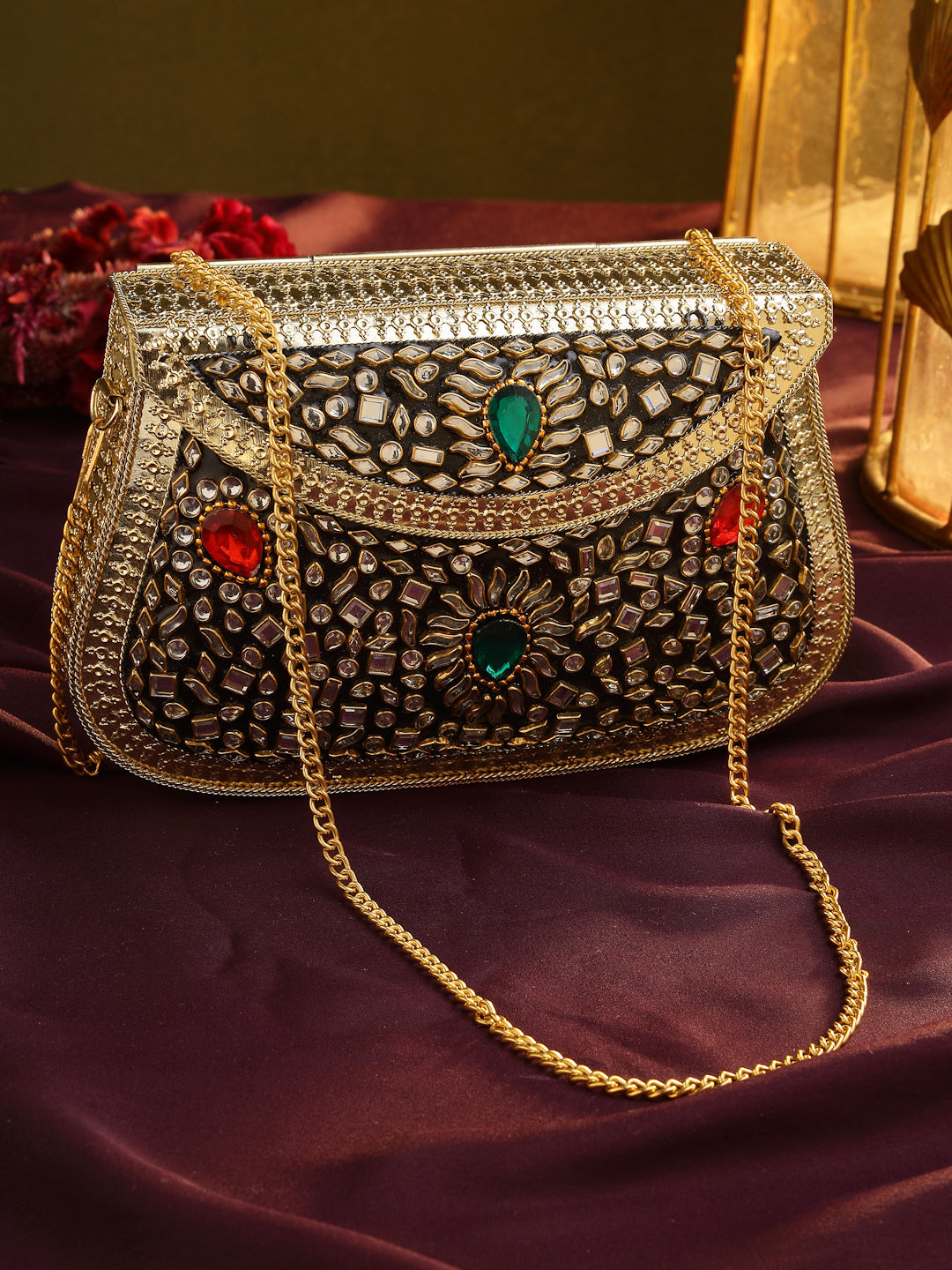 Jharokha Gold & Black Kundan Embellished Metal Clutch