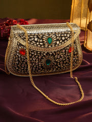 Jharokha Gold & Black Kundan Embellished Metal Clutch