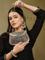 Jharokha Gold & Black Kundan Embellished Metal Clutch