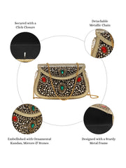 Jharokha Gold & Black Kundan Embellished Metal Clutch
