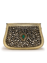 Jharokha Gold & Black Kundan Embellished Metal Clutch