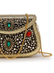 Jharokha Gold & Black Kundan Embellished Metal Clutch