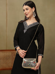 Jharokha Gold & Black Kundan Embellished Metal Clutch