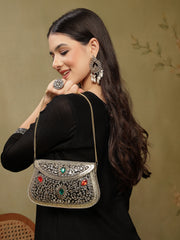 Jharokha Gold & Black Kundan Embellished Metal Clutch