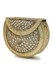 Jharokha Gold & Silver Kundan Embellished Metal Clutch
