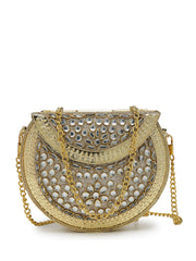 Jharokha Gold & Silver Kundan Embellished Metal Clutch