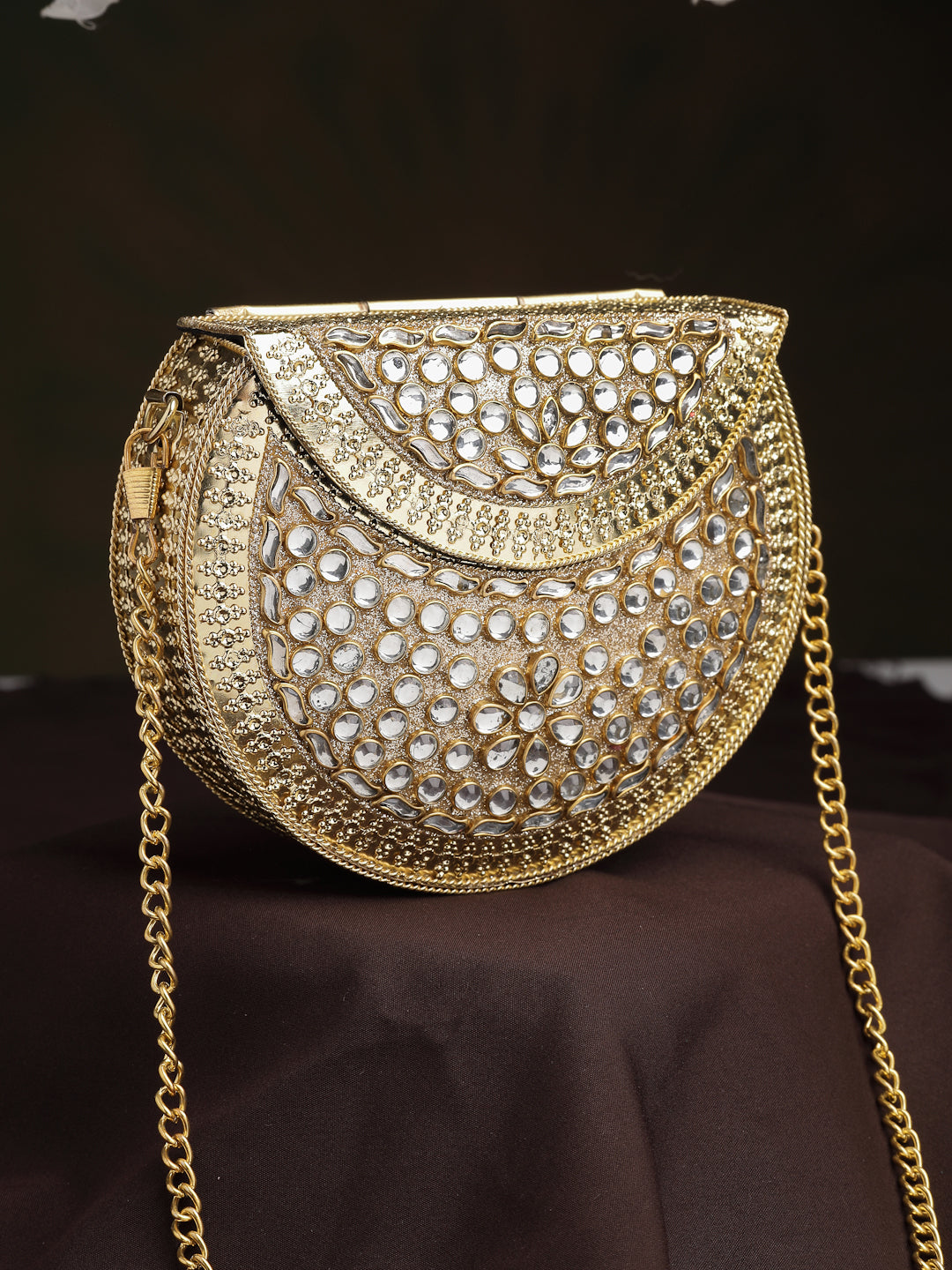 Jharokha Gold & Silver Kundan Embellished Metal Clutch