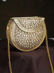 Jharokha Gold & Silver Kundan Embellished Metal Clutch