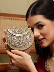 Jharokha Gold & Silver Kundan Embellished Metal Clutch