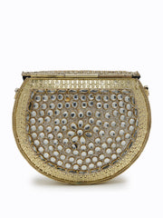 Jharokha Gold & Silver Kundan Embellished Metal Clutch