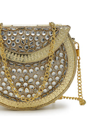 Jharokha Gold & Silver Kundan Embellished Metal Clutch