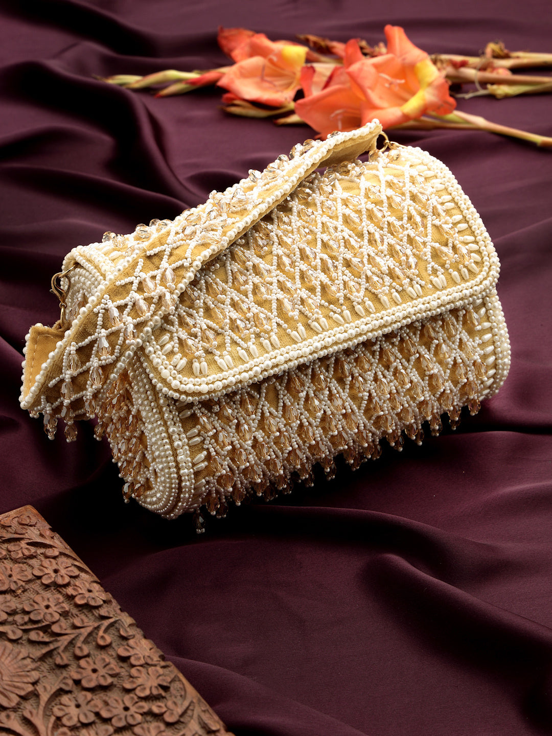 Anekaant Crystal Cascade Champagne Velvet Diamond Mesh Design Embellished Clutch