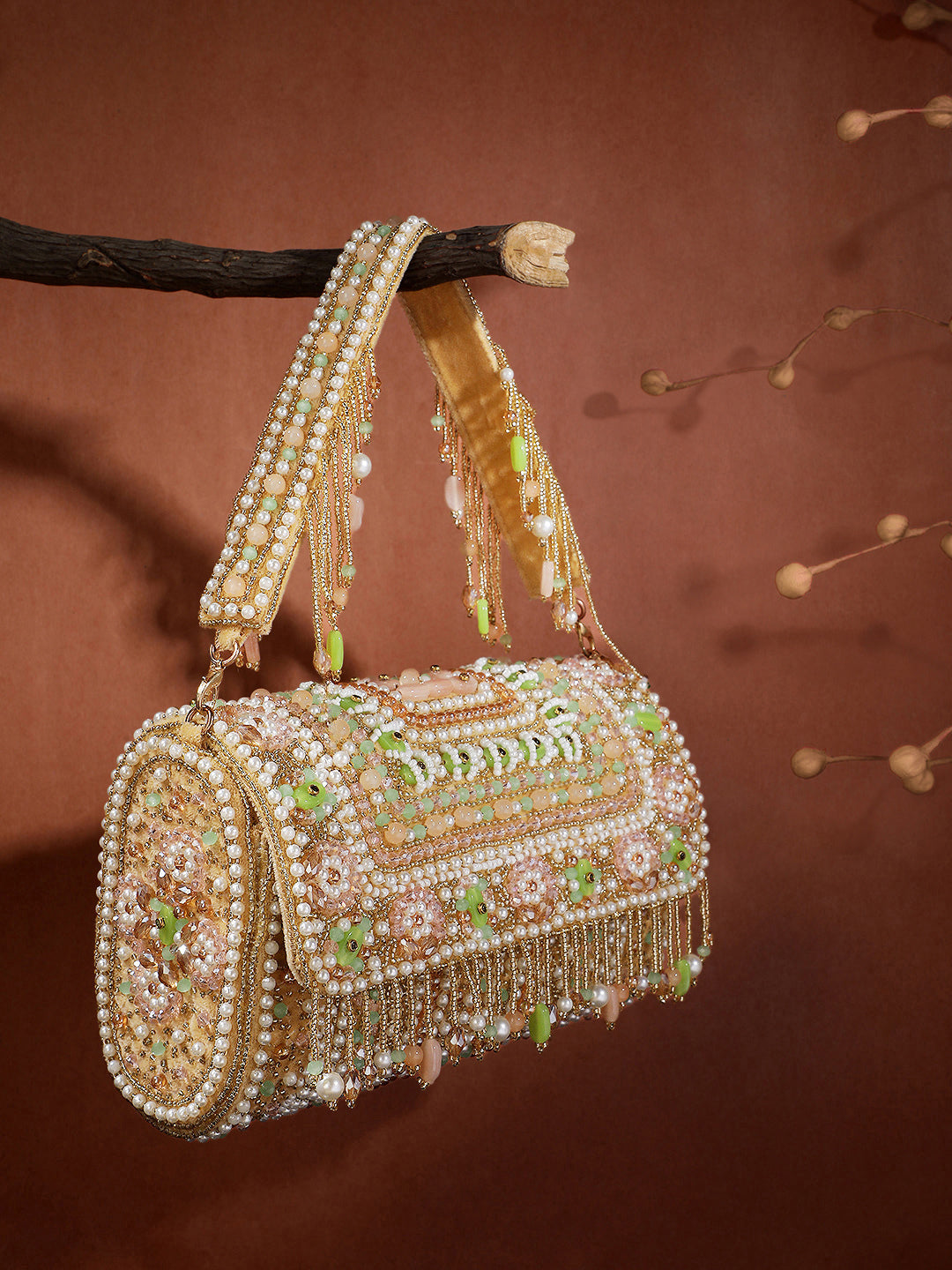 Blush & Bead Accent Beads Embellished Velvet Clutch - Beige