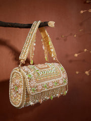 Blush & Bead Accent Beads Embellished Velvet Clutch - Beige