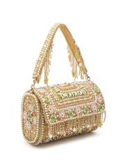 Blush & Bead Accent Beads Embellished Velvet Clutch - Beige